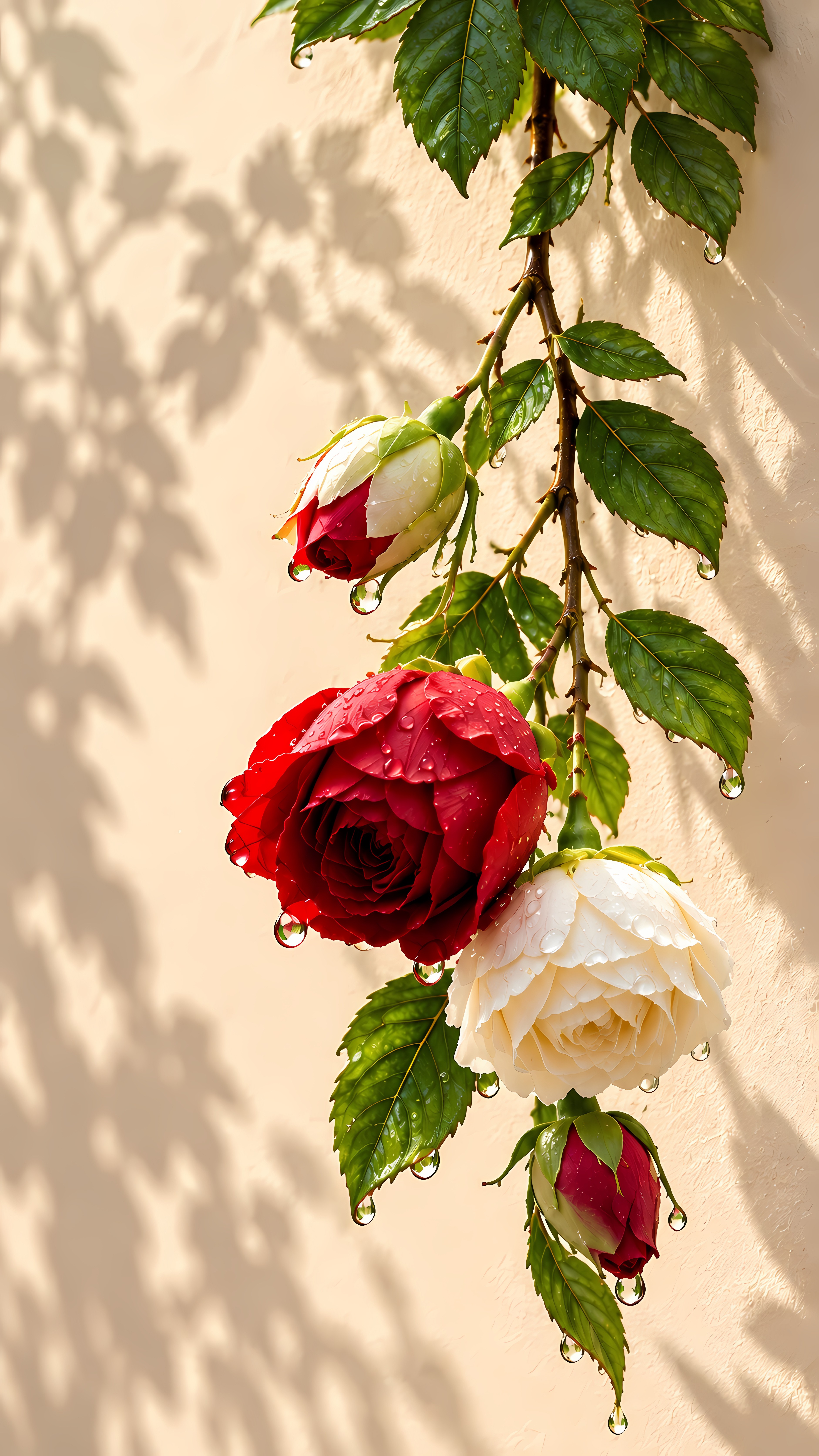 Red and white wet roses hanging against a warm sunny wall