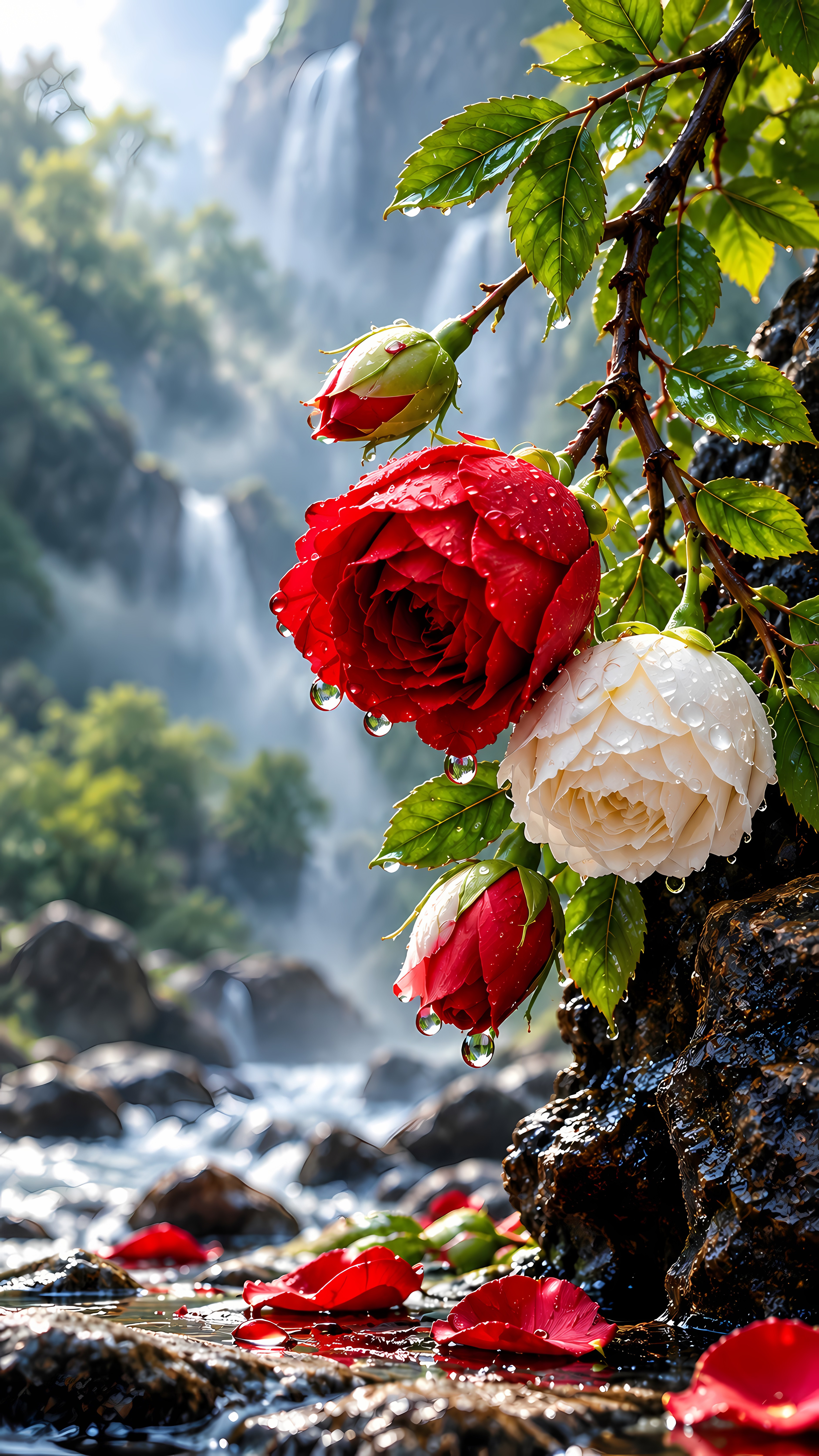 Red and white wet roses by a rocky forest stream waterfall