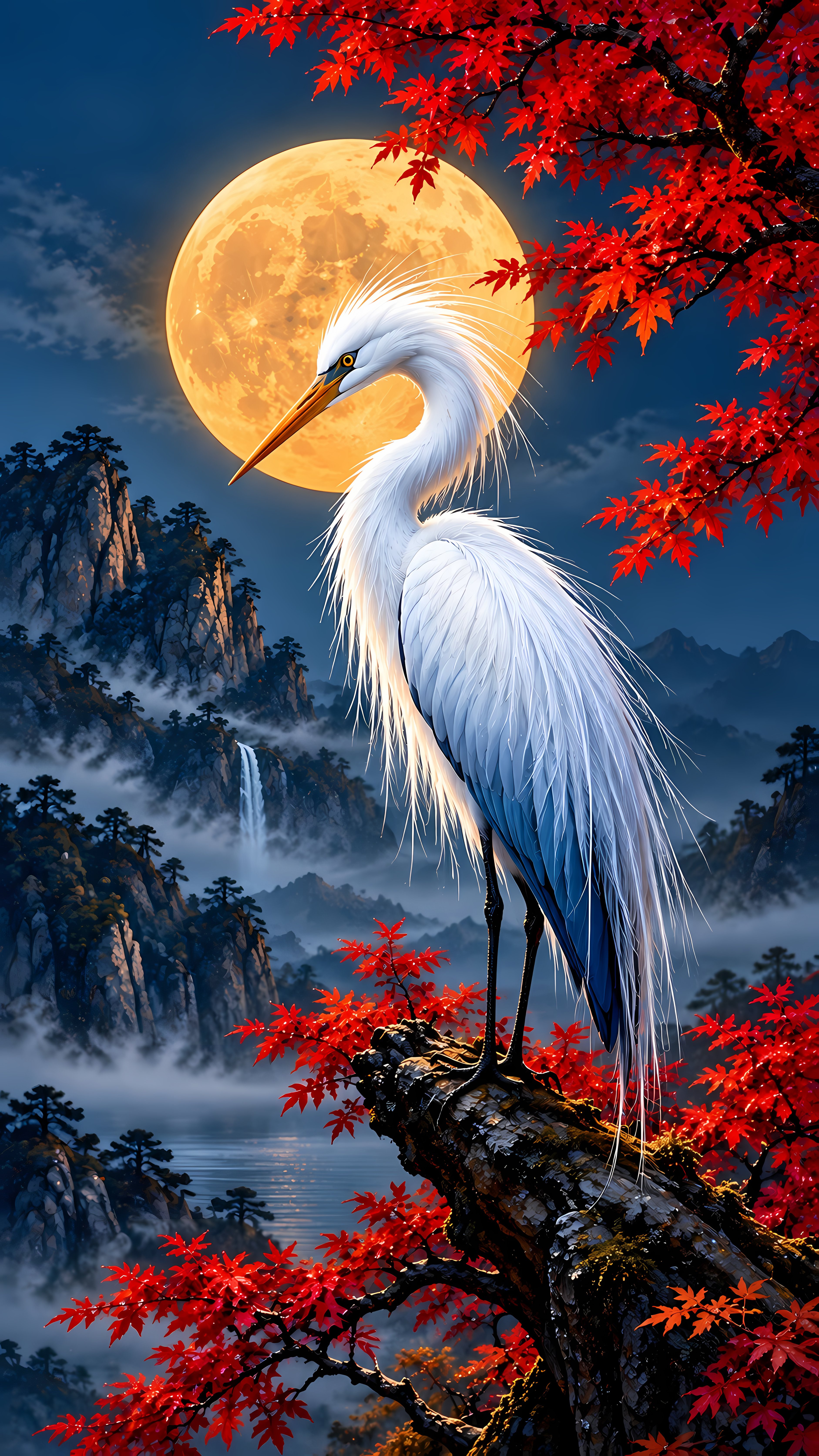 Serene White Heron Under Full Glowing Moon By Waterfall
