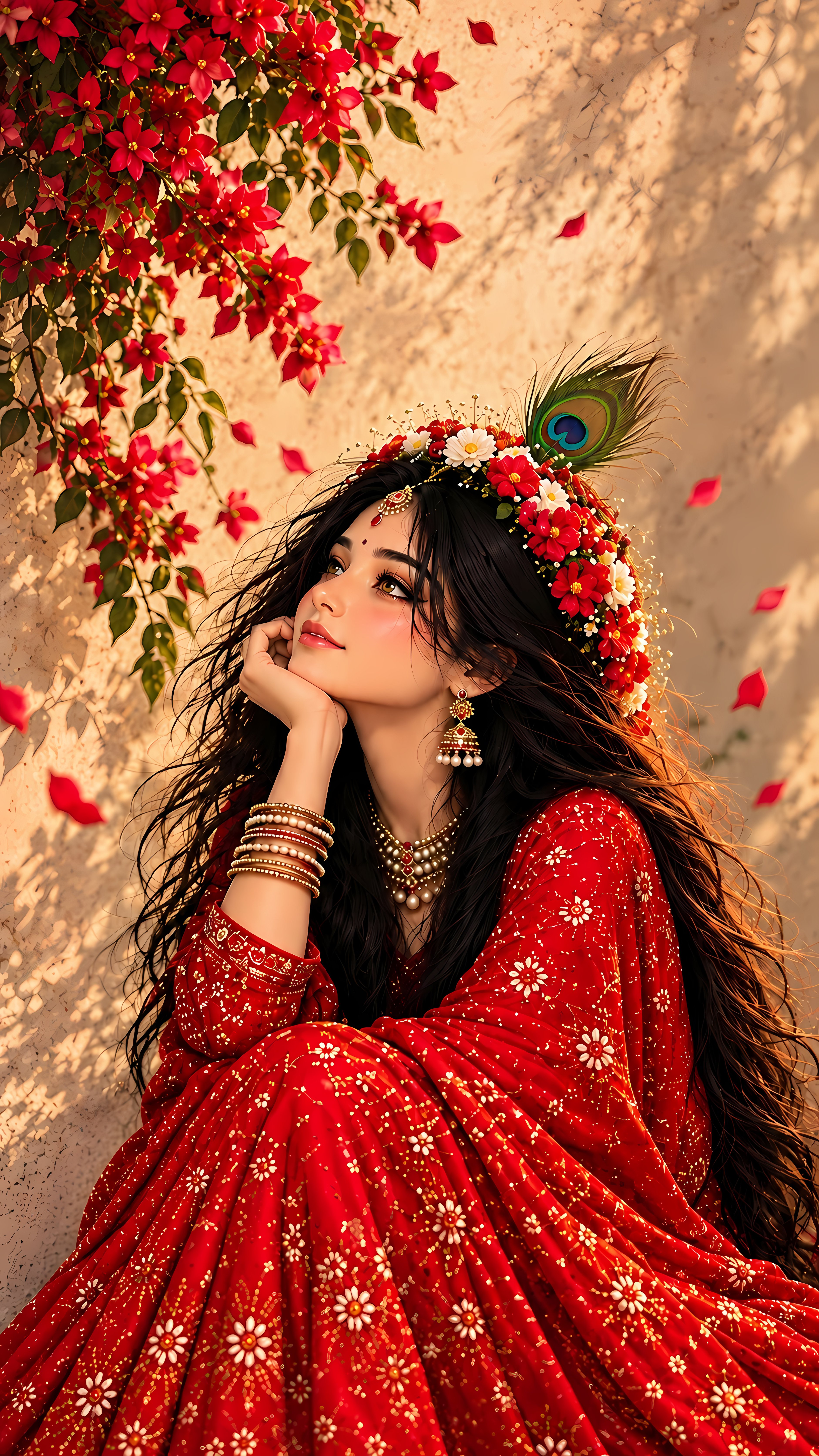 Divine Radha In Red Floral Dress With Peacock Feather Art