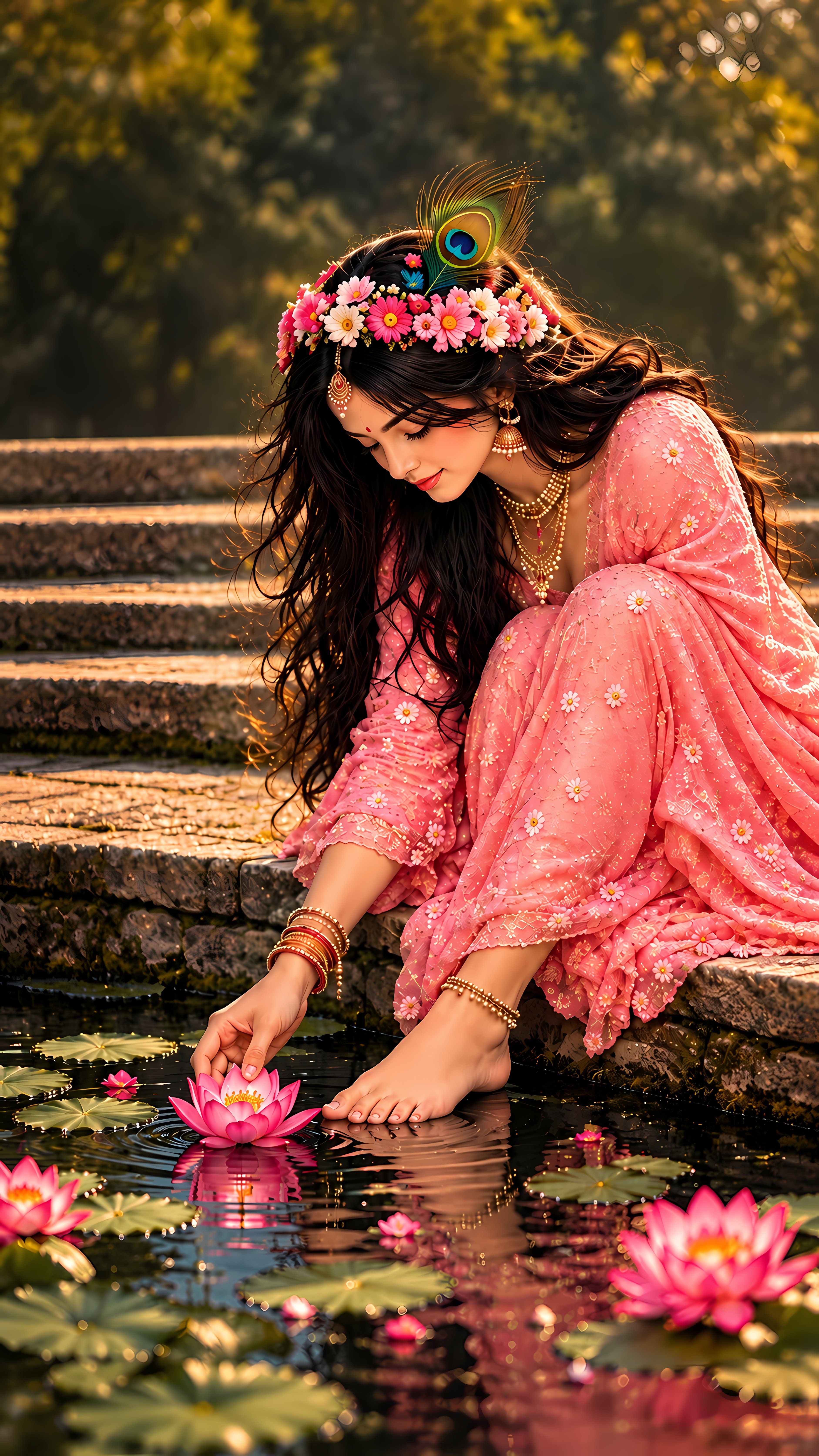 Serene Radha With Pink Lotus Flowers And Peacock Plume