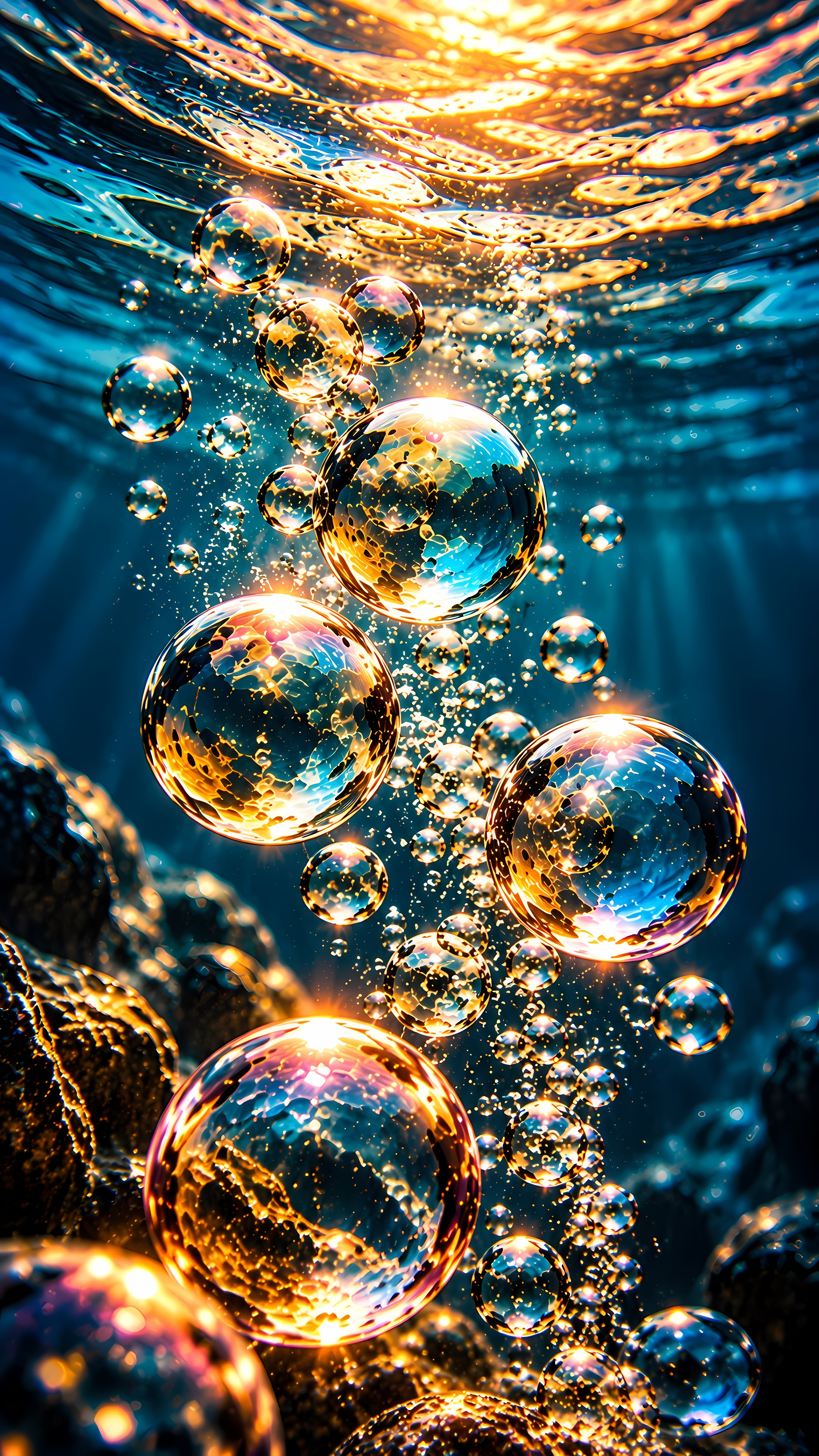 Glowing Golden Air Bubbles Rising In Deep Blue Water