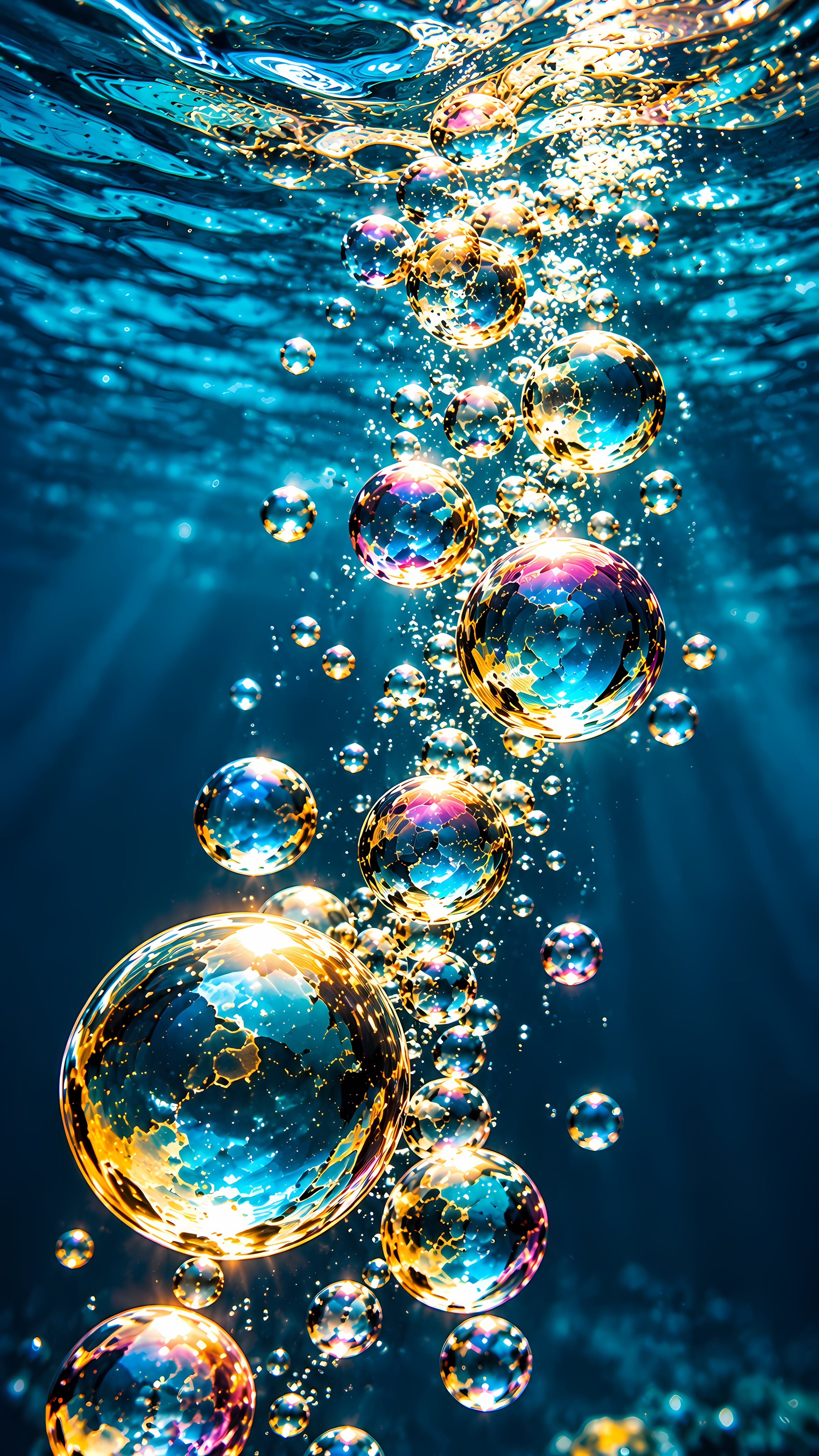 Bright Floating Bubbles Illuminated In Deep Blue Ocean Water