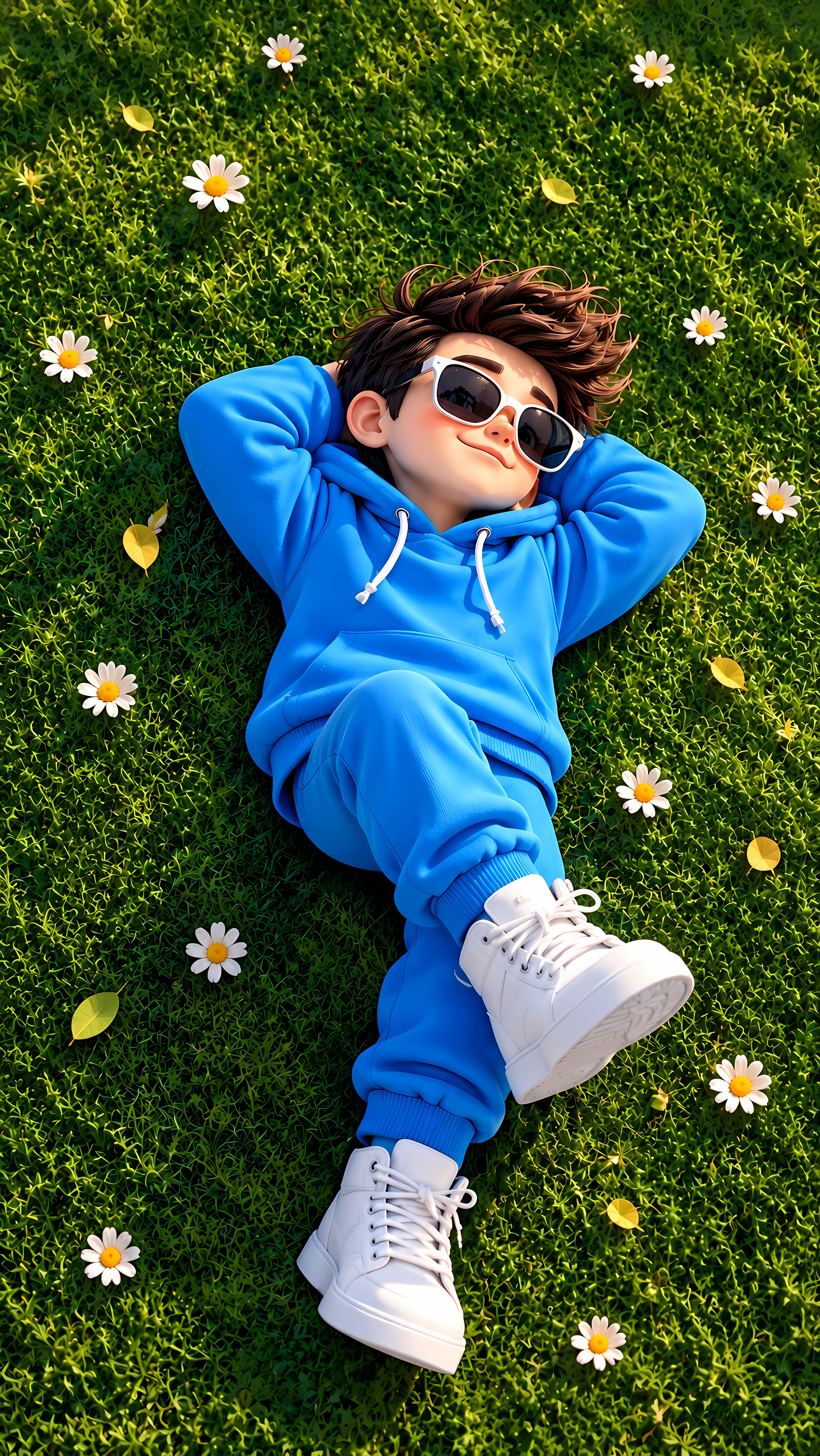 Relaxed 3D Boy In Blue Outfit Resting On Grass