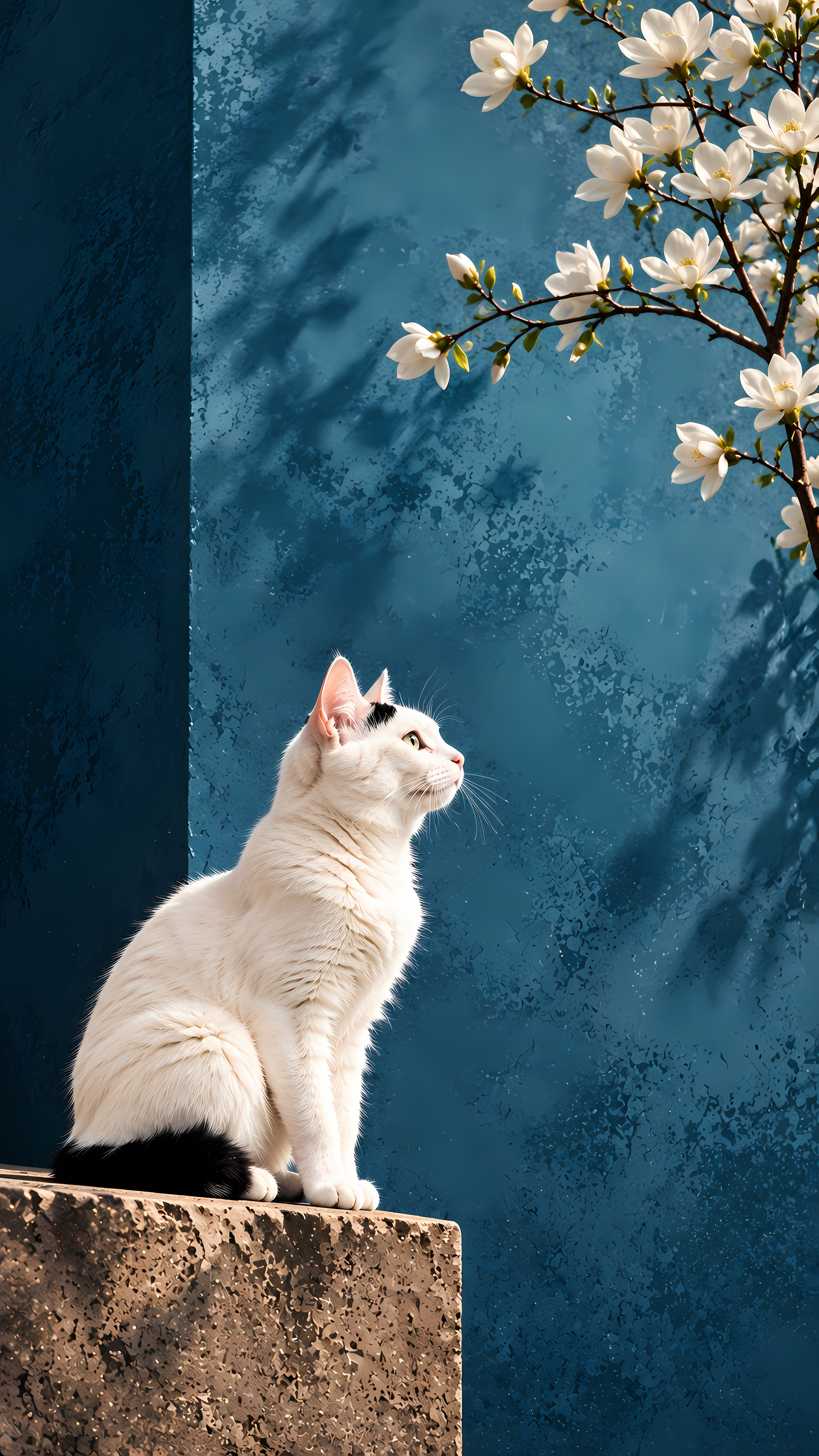 White cat viewing spring magnolia blooms by blue wall