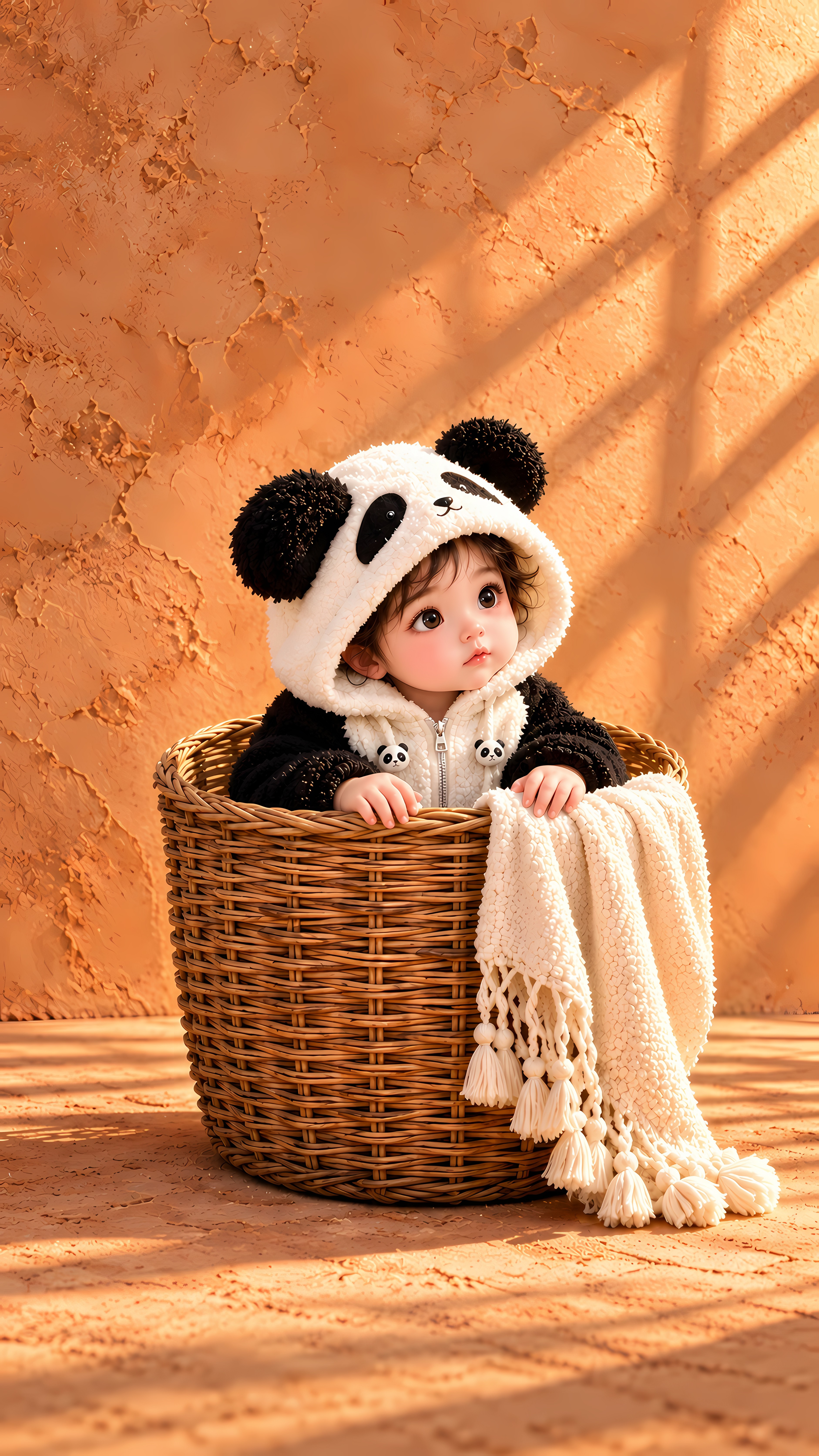 Cute Baby In Panda Suit Sitting Inside Wicker Basket