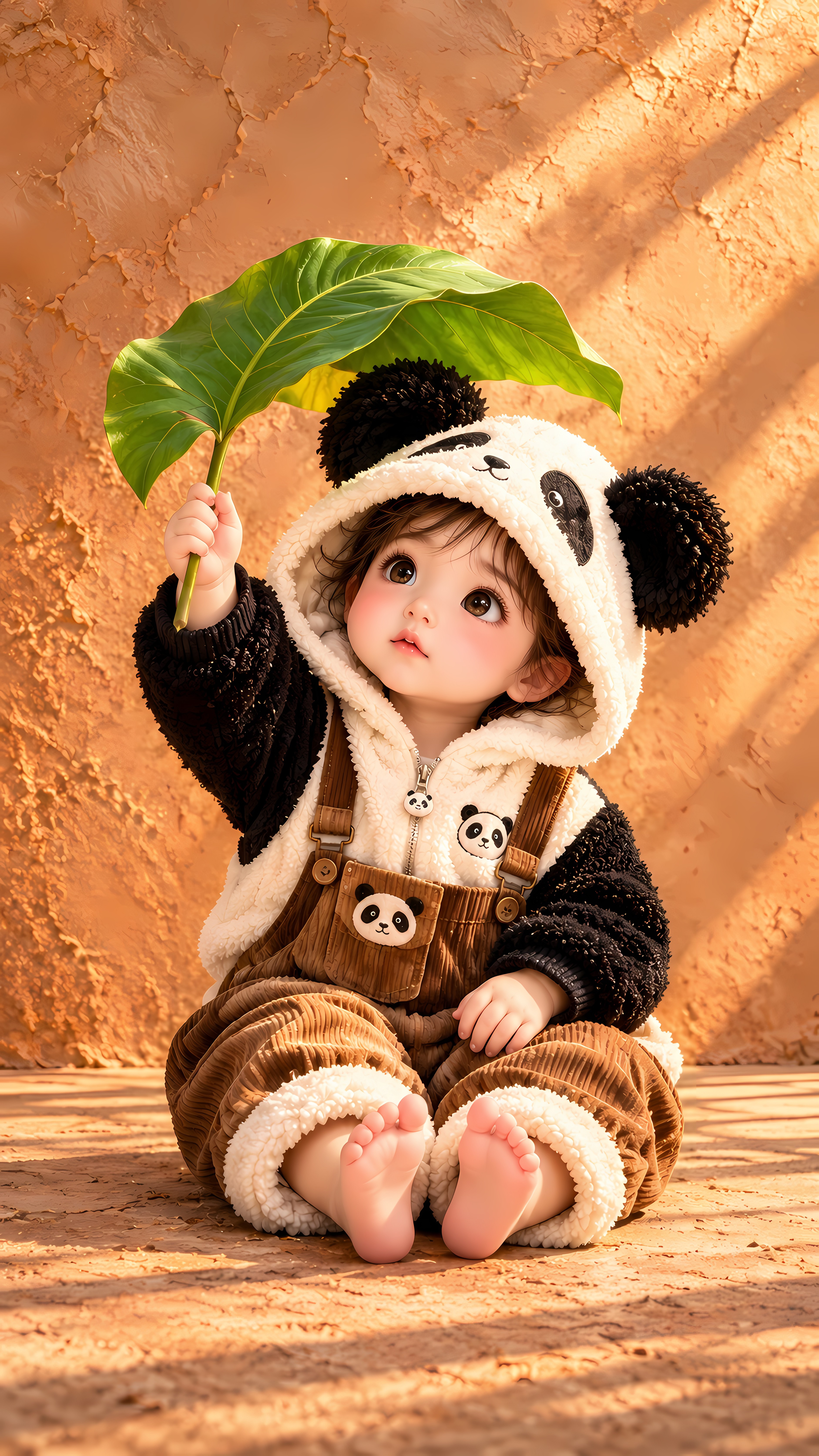 Sweet Toddler In Panda Onesie Holding Large Green Leaf