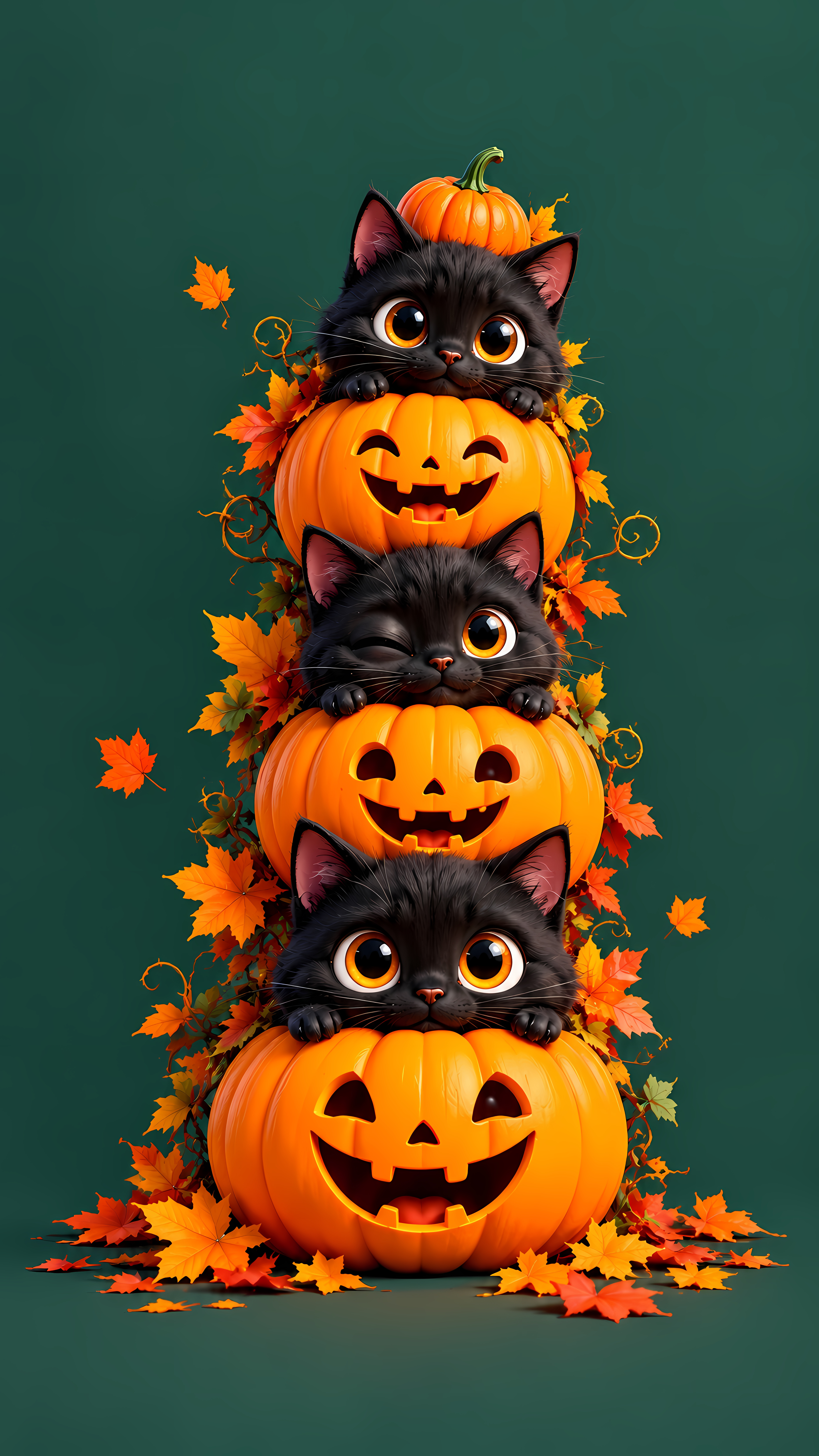 Three Black Kittens Stacked With Glowing Pumpkins On Green
